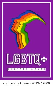 Poster LGBTQ+ HISTORY MONTH.  People's Faces Look Up In LGBT Colors. Paper Cut. Minority Problem. PRIDE Parade. Coexistence Harmony And Multicultural Community Integration. Illustration 2