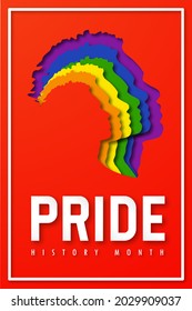 Poster LGBTQ+ PRIDE HISTORY MONTH. People's Faces Look Up In LGBT Colors. Paper Cut. Minority Problem. Pride Parade. Coexistence Harmony And Multicultural Community Integration. Illustration