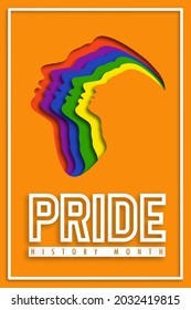 Poster LGBTQ+ PRIDE HISTORY MONTH. People's Faces Look Up In LGBT Colors. Paper Cut. Minority Problem. Pride Parade. Coexistence Harmony And Multicultural Community Integration. Illustration