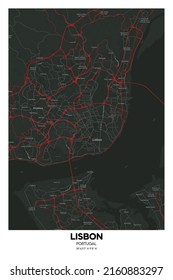Poster Lisbon - Portugal map. Illustration of Lisbon - Portugal streets. Road map. Transportation network.