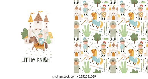 Poster Little Knight Pattern Knight's castle   knight and shield   sword horseback illustration