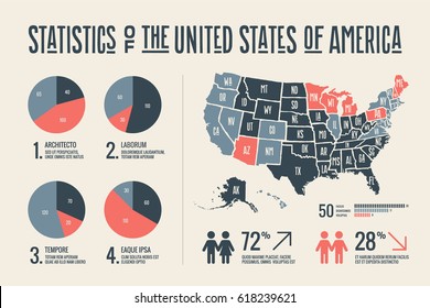 Poster Map Of United States Of America With State Names And Abstract Infographics Elements. Detail Modern Infographic With Map Of USA, Social Infographics And Information Graphics. Illustration