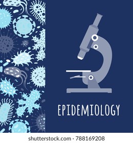 Poster With Microscope And Microbes. Epidemiology Concept Banner With Microscope Illustration