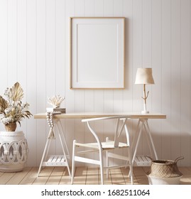 Poster mock up in home office interior background, Coastal style, 3d render