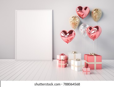 Poster mock up with pink and golden glossy 3d realistic balloons in heart shape with stick. Valentine's Day or wedding day romantic themes for party, events, presentation or promotion banner, posters. - Powered by Shutterstock