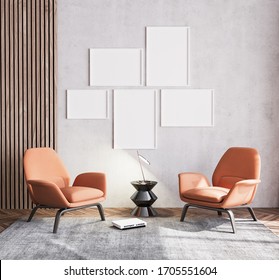 Poster Mock Up Of Scandinavian Interior Design Of Orange Living Room With Couch Furniture On Beige Background With Wooden Wall Stripes, Wood Empty Frames And Black Table. .3D Render,3D Illustration