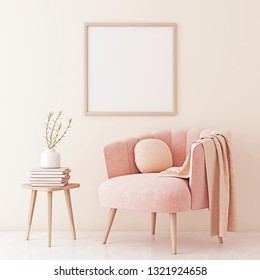 Poster Mock Up With Square Frame On Empty Beige Wall In Living Room Interior With Pastel Coral Pink Armchair And Plant On Table. 3D Rendering.