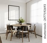 poster mock up, 3d render, beige room with dinner table, chairs and decor