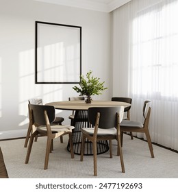 poster mock up, 3d render, beige room with dinner table, chairs and decor
