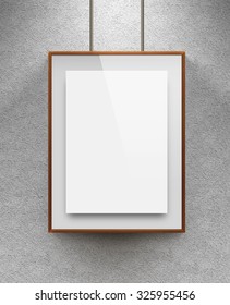 Poster Mock Up In The Wooden Frame. Nice Mockup To Show Your Design, Picture Or Illustration. Blank Sheet In Wood Canvas Near The Textured Wall. Display Art Pattern Or Logo Design With Poster Holder.