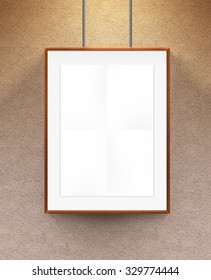 Poster Mock Up In The Wooden Frame. Nice Mockup To Show Your Design, Picture Or Illustration. Blank Sheet In Wood Canvas Near The Textured Wall. Display Movie Theatre Cinema Film With Poster Holder.