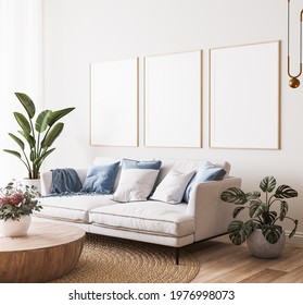 Poster Mockup In Bright Modern Room, White Sofa With Blue Cushions And Green Plants On Minimal Background, 3d Render, 3d Illustration