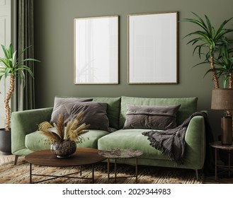 Poster mockup in home interior with green sofa, table and decor, 3d render