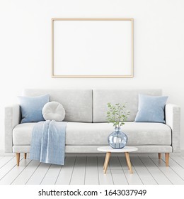 Poster mockup with horizontal frame hanging on the wall in living room interior with sofa, blue plaid and green branches in vase on empty white background. 3D rendering, illustration.