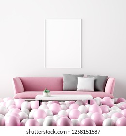 Poster Mockup Interior Living Room Valentine's Day Decoration - 3d Rendering, 3d Illustration