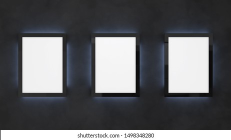 Poster Mockup On The Black Wall With Backlight. 3D Rendering Cinema Lightbox Template.
