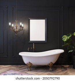 Poster Mockup On The Black Wall In The Boudoir Classic Interior With A Classic Bathtub, Bronze Chandelier, Vintage Morrocan Oriental Carpet And Plant In A Basket. 3D Rendering. 