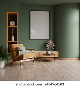 Poster mockup with vertical frames on empty green wall in living room interior- 3D rendering