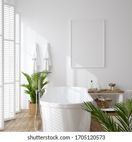 Poster mockup in white cozy bathroom interior background, 3d render