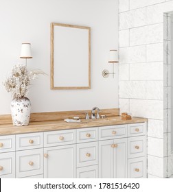 Poster mockup in white cozy bathroom interior background, 3d render	
