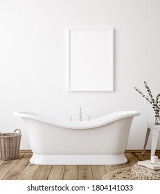 Poster mockup in white cozy bathroom interior background, 3d render	
