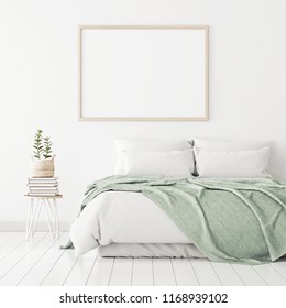 Poster Mockup With Wooden Horizontal Frame On Empty White Wall In Bedroom Interior With Bed, Green Plaid And Plants. 3D Rendering.