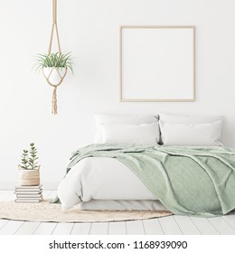 Poster mockup with wooden square frame on empty white wall in bedroom interior with bed, green plaid, rug and plants. 3D rendering.