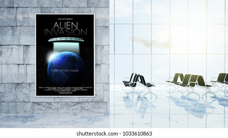 Poster Movie On Airport Lobby 3d Rendering