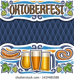 Poster for Oktoberfest with copy space, layout with cut paper header with lettering for word oktoberfest, blue rhombus background for greeting text, grill sausages on dish and beer glasses. - Powered by Shutterstock