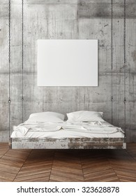 Poster On Concrete Wall, Empty Bed, 3d Render