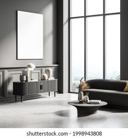 Poster On The Wall Of The Grey Living Room Modern Interior Corner With The Sideboard. Panoramic Window. Dark Grey Sofa With The Coffee Table. Concrete Flooring. Mock Up. No People. 3d Rendering.