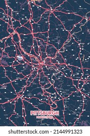 Poster Pittsburgh - Pennsylvania map.Road map. Illustration of Pittsburgh - Pennsylvania streets. Transportation network. Printable poster format.