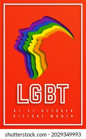 Poster PRIDE LGBT HISTORY MONTH. People's Faces Look Up In LGBTQ+ Colors. Paper Cut. Minority Problem. PRIDE Parade. Coexistence Harmony And Multicultural Community Integration. Illustration