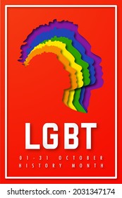 Poster PRIDE LGBT HISTORY MONTH. People's Faces Look Up In LGBTQ+ Colors. Paper Cut. Minority Problem. PRIDE Parade. Coexistence Harmony And Multicultural Community Integration. Illustration