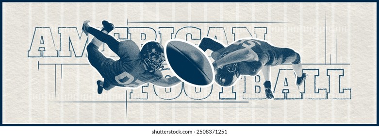 Poster in retro style. Contemporary art collage. Two football players diving for ball, with American football inscription in background. Concept of sport, tournament, competition, action. Ad - Powered by Shutterstock