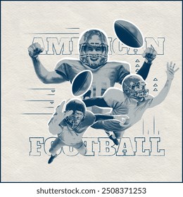 Poster in retro style. Contemporary art collage. Players in action poses with bold inscription American football. Pastel. Concept of professional sport, tournament, competition, action, victory. Ad - Powered by Shutterstock