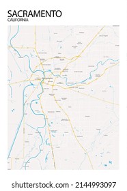 Poster Sacramento - California map.Road map. Illustration of Sacramento - California streets. Transportation network. Printable poster format.