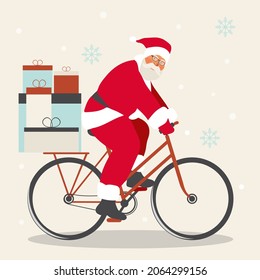 Poster of santa claus on a bicycle carrying gifts. Festive modern postcard.  - Powered by Shutterstock