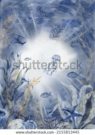 Poster with Sea Animals. Sea life. Watercolor illustration.