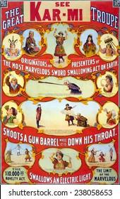Poster for stage and magic show, 'The Great Kar-Mi Troupe originators and presenters of the most marvelous sword swallowing act on earth.', ca early 1900s.