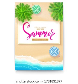 Poster With Summer Beach Seashore. Tropical Landscape, Ocean, Gold Sand, Sun Umbrella, Palms, Top Down View. Summer Sale Banner With Fifty Percent Discount. 3d Illustration.