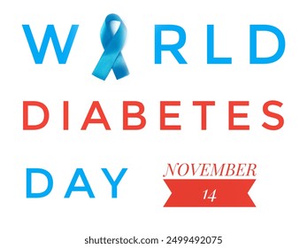 A poster with the text world diabetes day november 14, in red and blue colors, on a white background, including a blue ribbon - Powered by Shutterstock