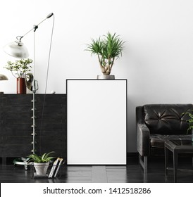 Poster, Wall Mockup In Interior Background With Dark  Furniture, Industrial Style, 3d Render