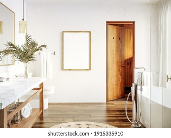 Poster, wall mockup in white cozy bathroom interior background, 3d render