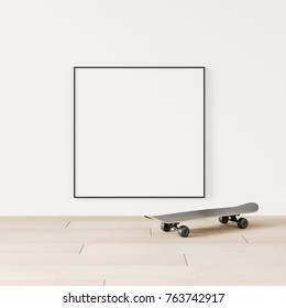 Poster in warm interior with skateboard. Empty template. 3d rendering