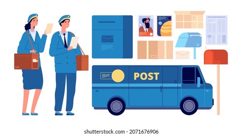 Postman Characters. Postal Mailman, Woman Man In Uniform Send Envelopes. Post Office Equipment Parcel Letter, Delivery Service Set