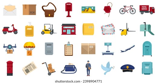 Postman icons set. Flat set of postman  icons for web design