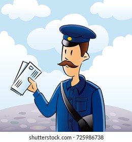 Postman Illustration Delivering Letter. Friendly Postman In Blue Uniform With Bag And And The Letters In His Hands On Sky Background. Cartoon Carrier Mail Delivery Service Illustration