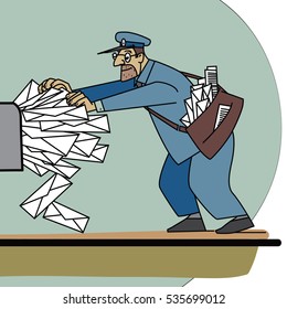 The postman a lot of paper mail and Inbox line art. Spam and mailing list. The profession of postman. A lot of envelopes with letters
