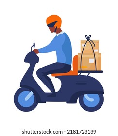 Postman Riding Motorbike. City Transport, Man Rides Scooter In Helmet With Parcel. Modern Vehicles, Motorcyclist In Profile. Electric Motorcycle, Delivery Service Illustration